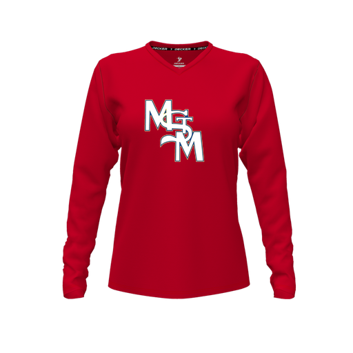 [CUS-DFW-TEES-PER-VNK-LSL-RED-FYXS-LOGO2] Performance T-Shirt (Female Youth XS, Red, V Neck, Logo 2, Long Sleeve)